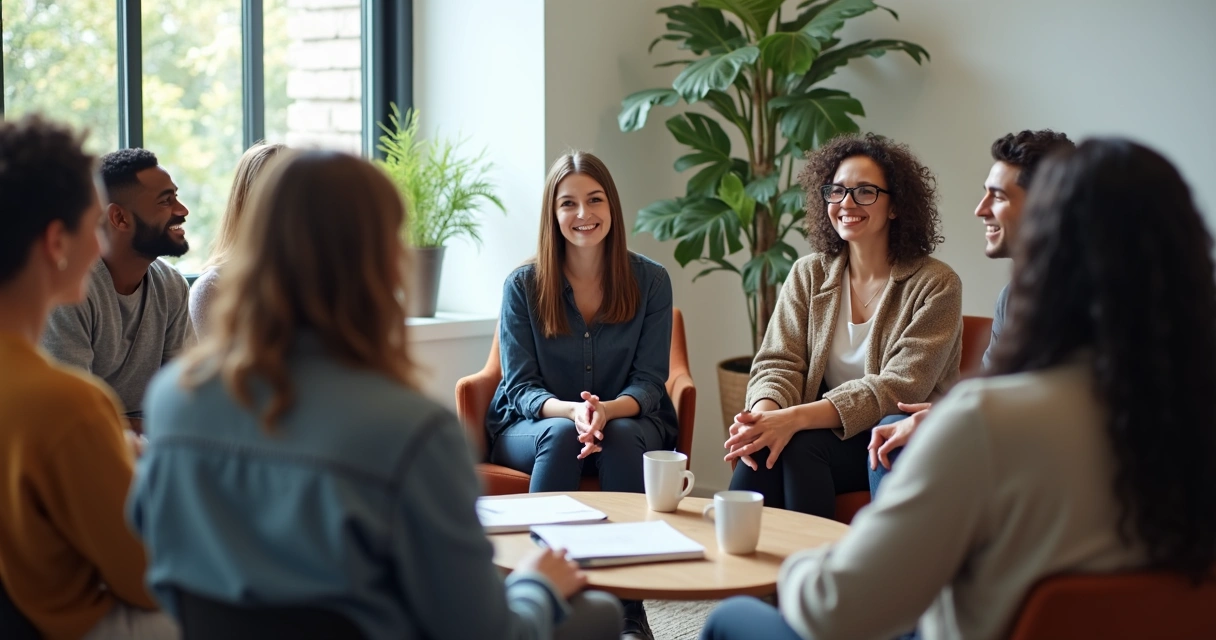Líder conversando com equipe atenta em círculo informal 