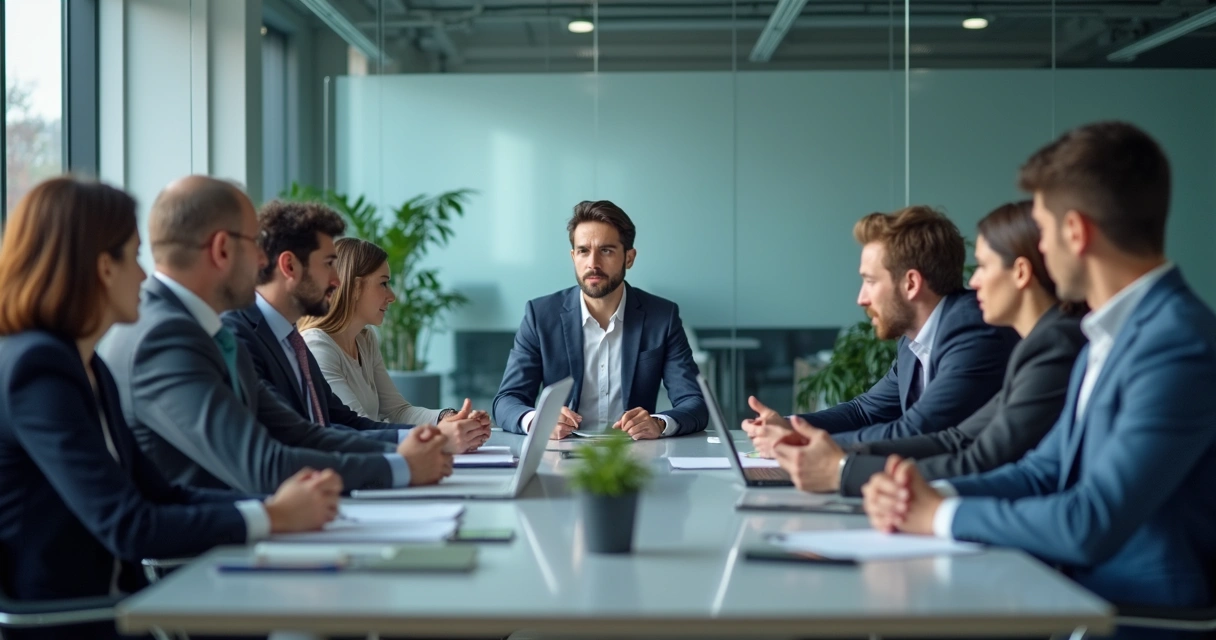 Liderança em reunião com clima emocional tenso e equipe atenta 