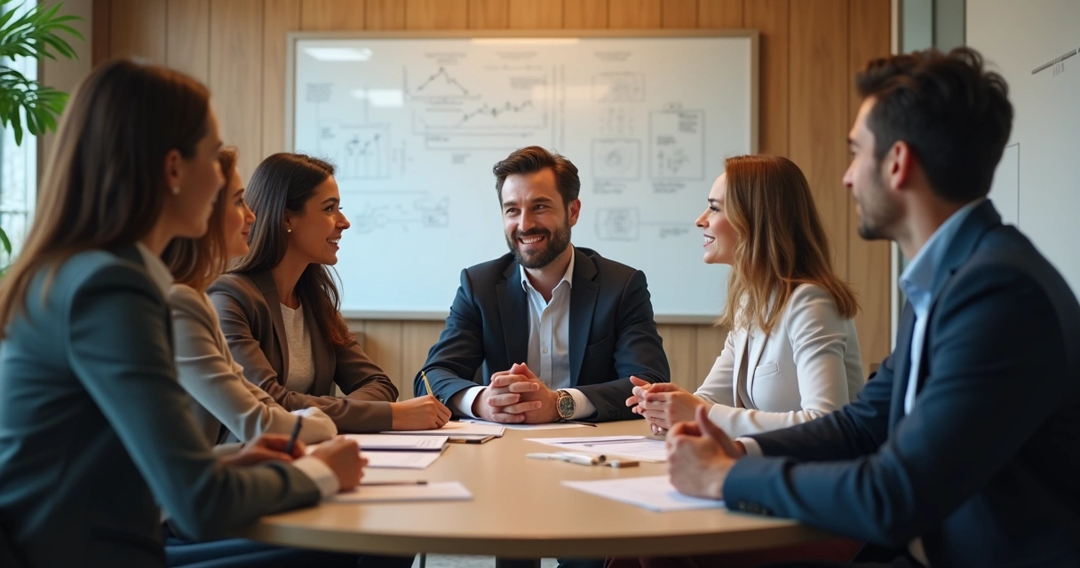 Líder e equipe em reunião, conversando de forma aberta 