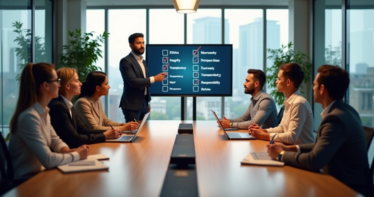 Liderança em reunião discutindo cultura ética na empresa 