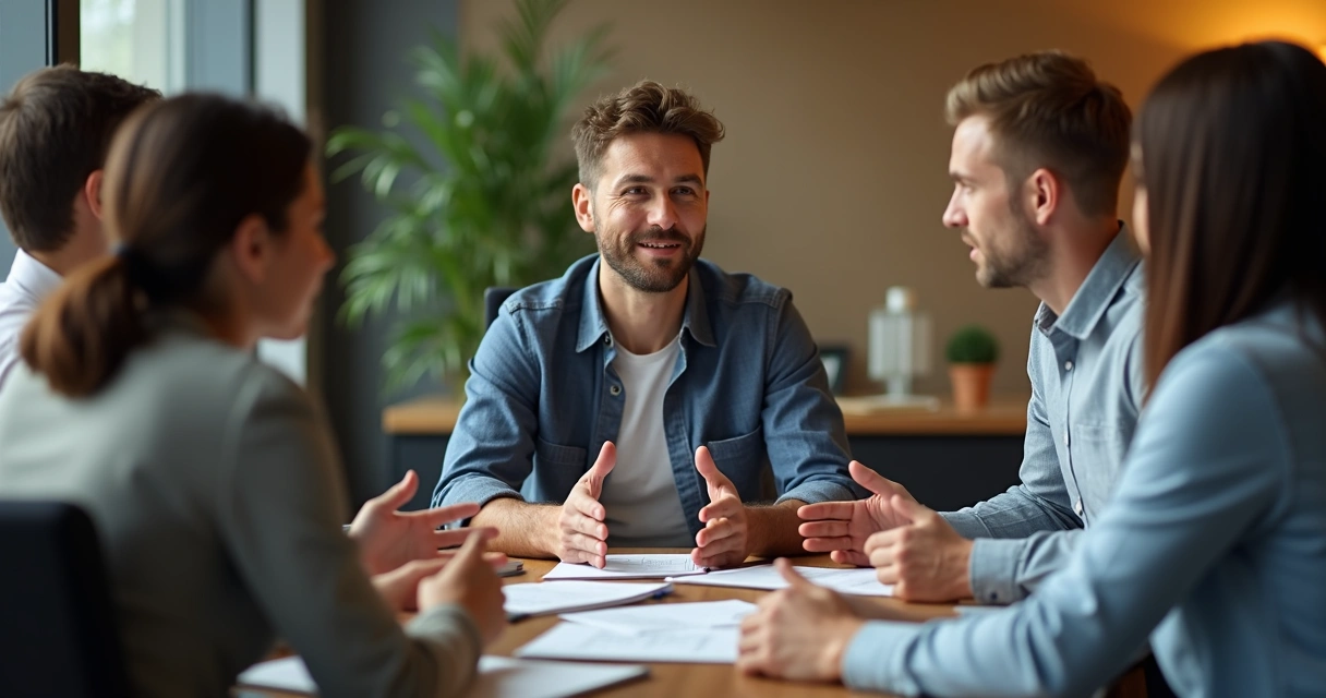 Líder de equipe ouvindo colaborador com empatia durante reunião 