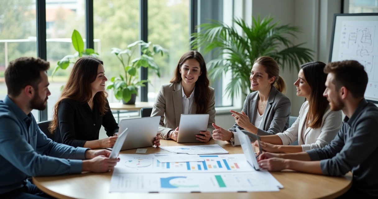 Equipe reunida discutindo ideias em mesa redonda 