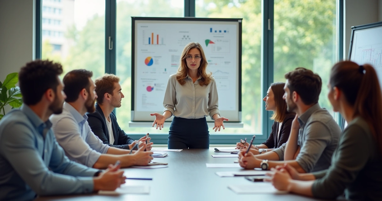 Líder conversando com equipe em sala de reunião 