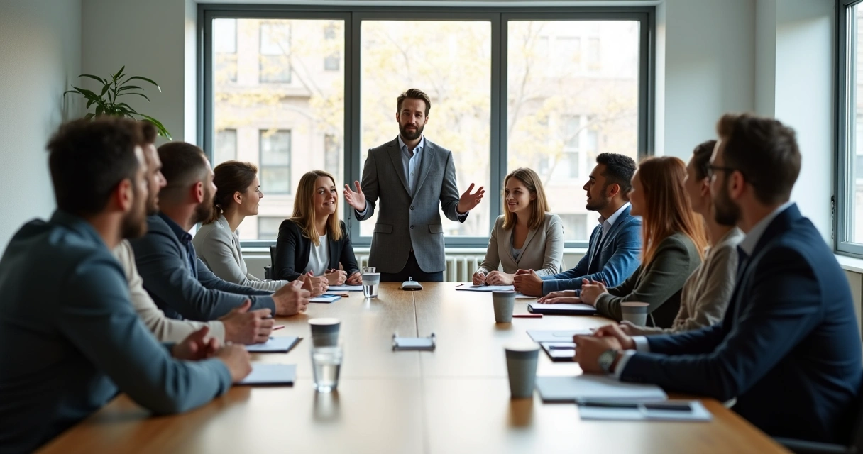 Líder moderando discussão em mesa de reunião com equipe atenta e colaborativa 