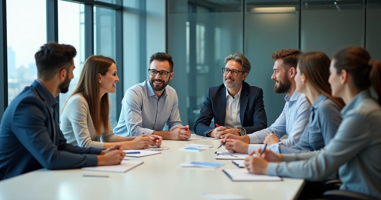 Líder sorridente conduzindo reunião com equipe diversa em mesa de escritório 
