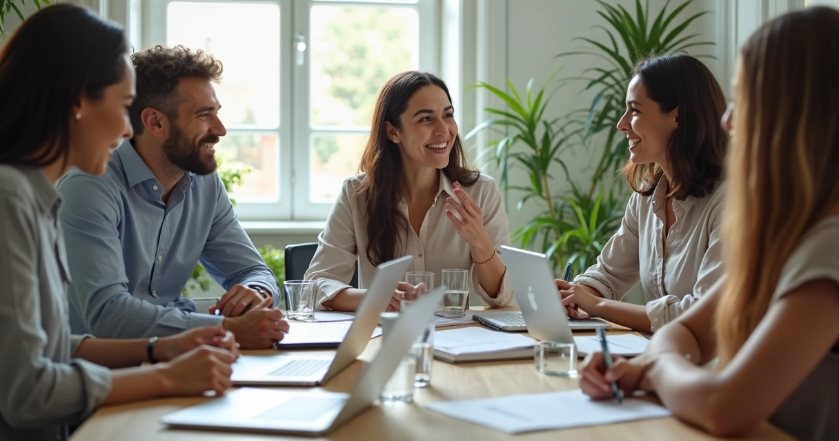 Líder e equipe reunidos em mesa discutindo ideias 