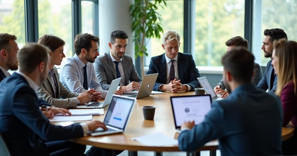 Reunião de líderes em mesa redonda com papéis e laptops