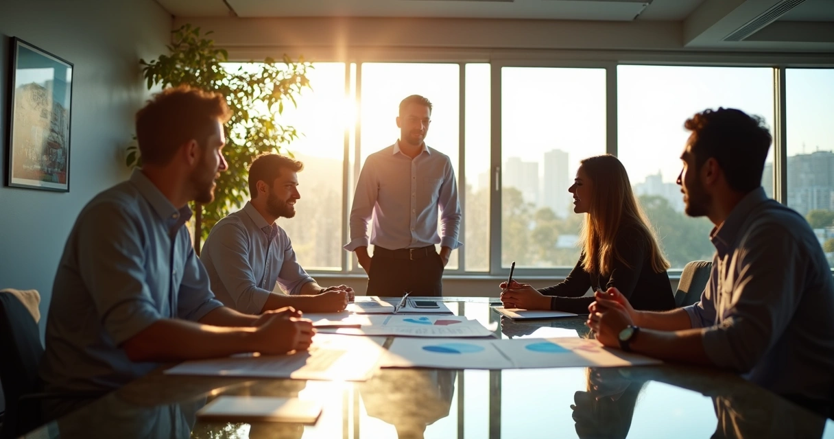 Gestor e equipe durante reunião de liderança 