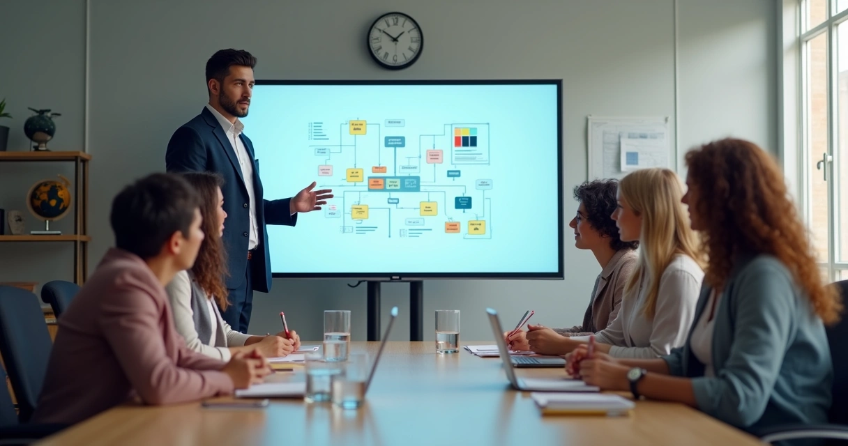 Líder apresentando mudanças para equipe global em sala de conferência 