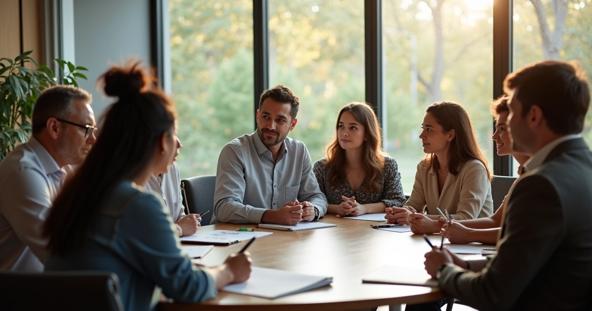 Reunião de liderança com pessoas diversas em volta de uma mesa redonda, com foco na escuta atenta 
