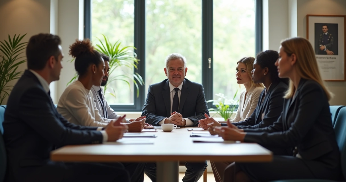Reunião de equipe com líder ao centro, todos atentos à conversa 