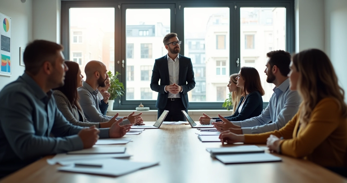 Líder e equipe em reunião discutindo ideias de forma colaborativa. 