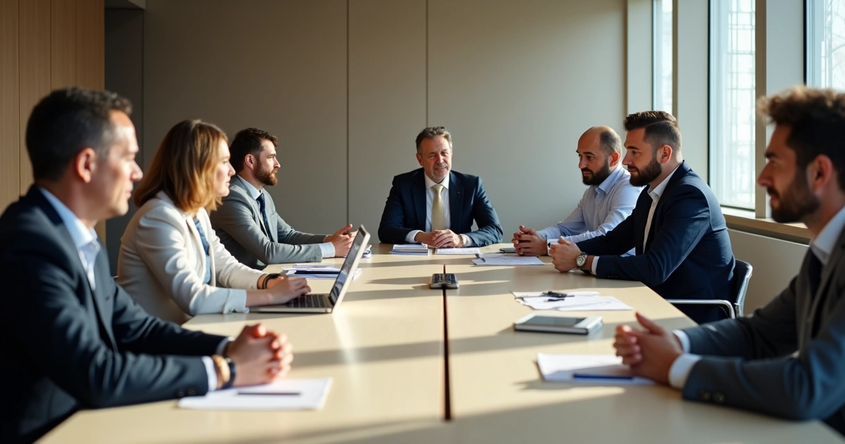 Diretores sentados em volta de uma mesa de reunião, momento de silêncio antes de tomar decisões 