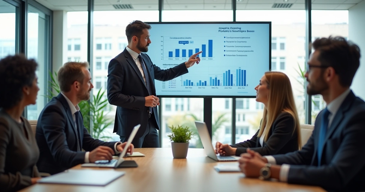 Líder em reunião analisando dados em uma tela com equipe ao redor