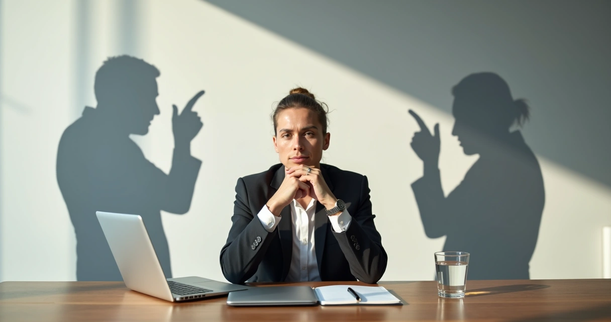 Líder sentado à mesa refletindo diante de sombras simbólicas ao fundo 