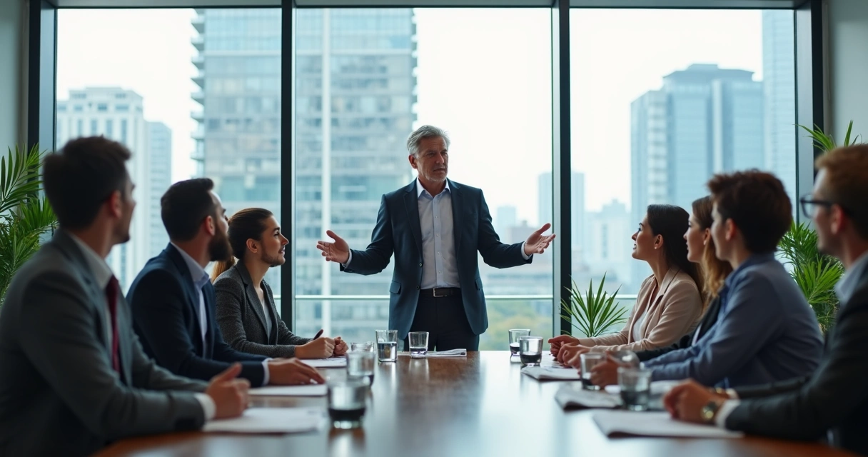 Equipe em reunião ao redor de mesa moderna com líder guiando discussão 
