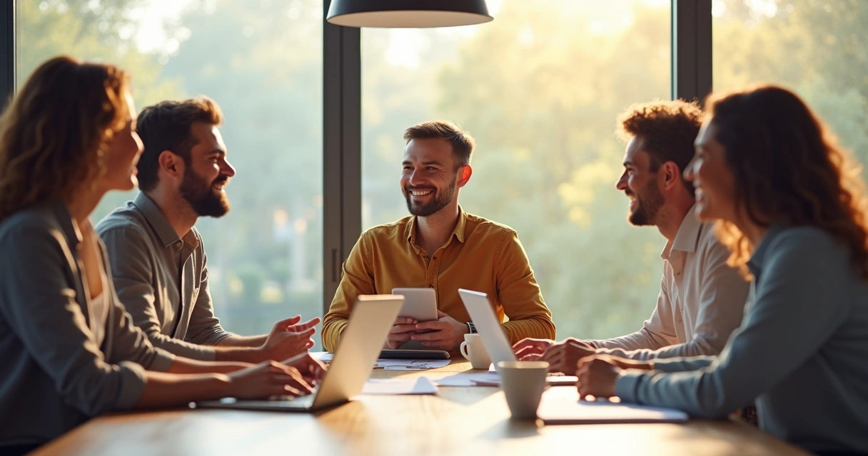 Equipe de trabalho unida colaborando ao redor de uma mesa 