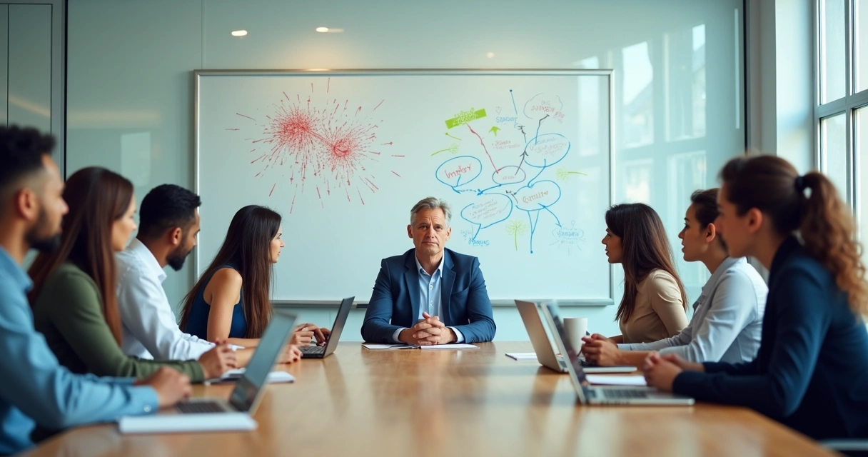 Líder conversando com equipe em reunião colaborativa em sala de escritório moderna 