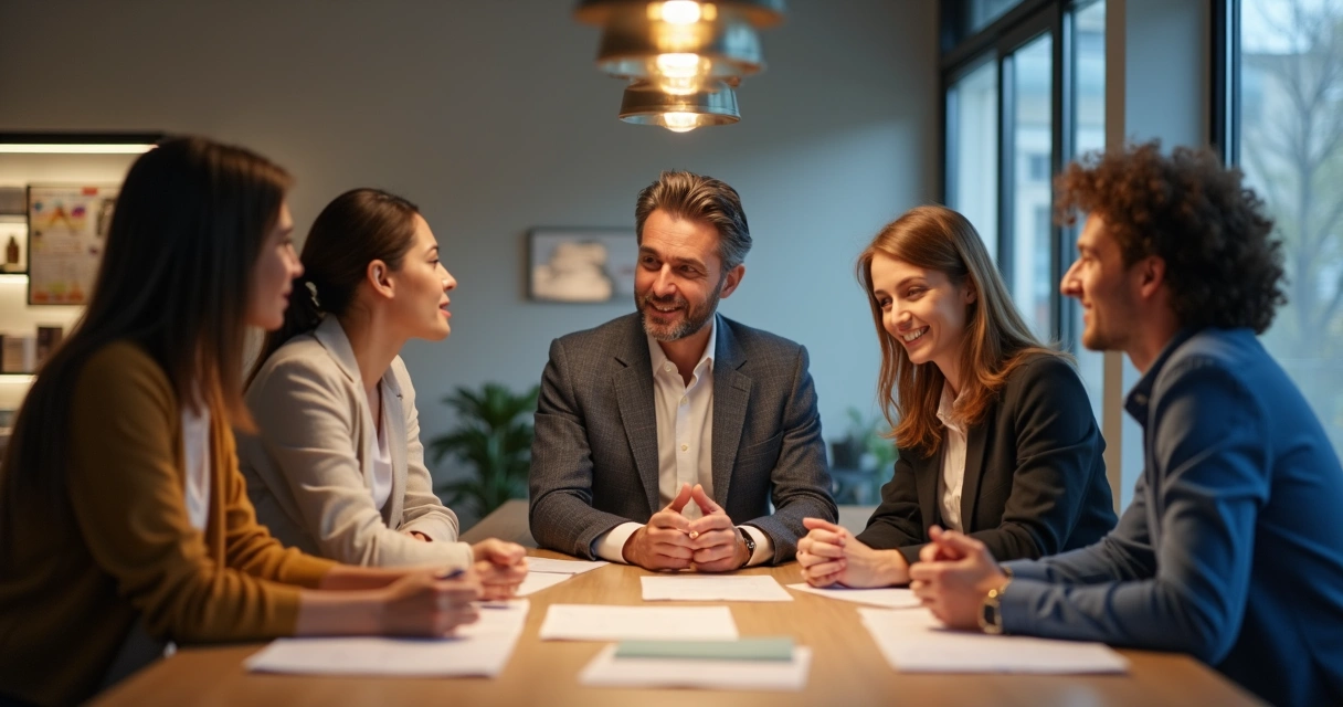 Equipe de trabalho em reunião, com líder ouvindo atentamente ao grupo, ambiente iluminado, expressão de respeito e engajamento. 