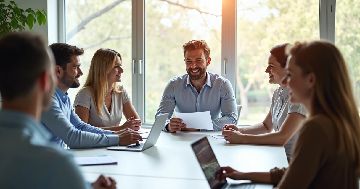 Líder escutando e sorrindo para membros da equipe em mesa de reunião clara 