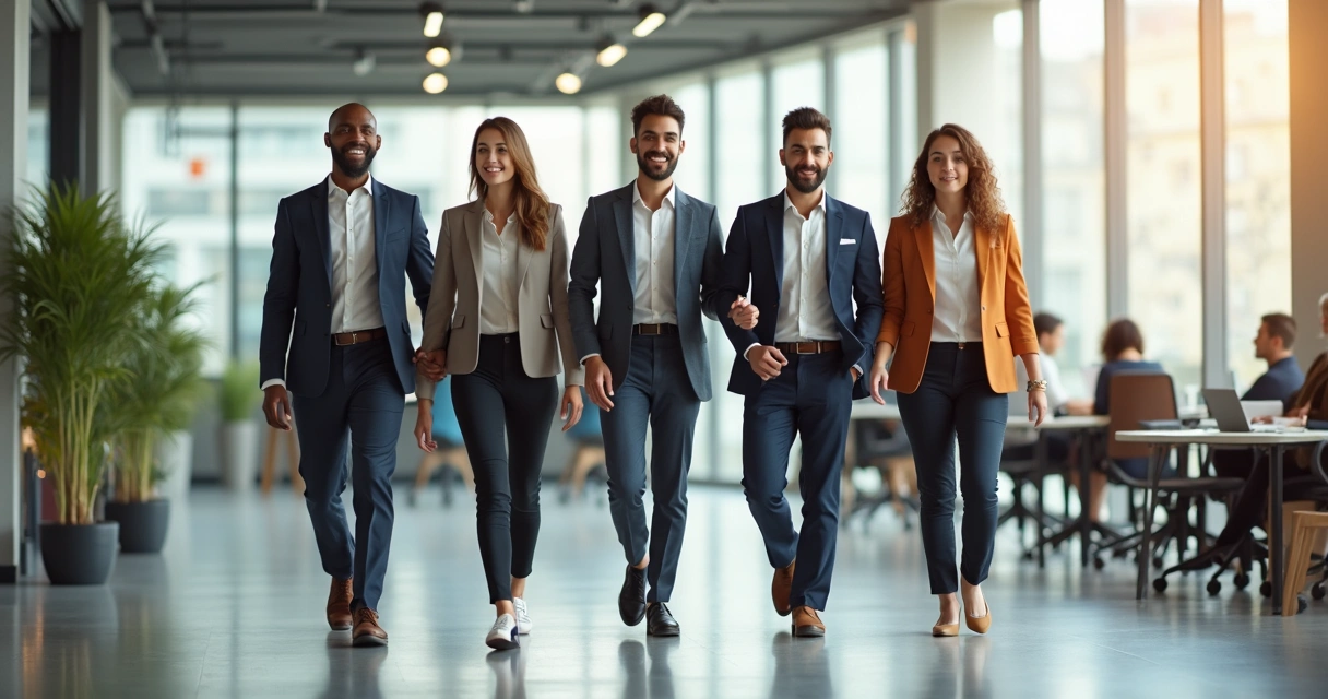 Líder de equipe caminhando ao lado de colaboradores em um escritório iluminado 