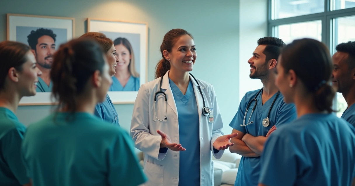 Líder de equipe de saúde orientando grupo com foco em humanização 