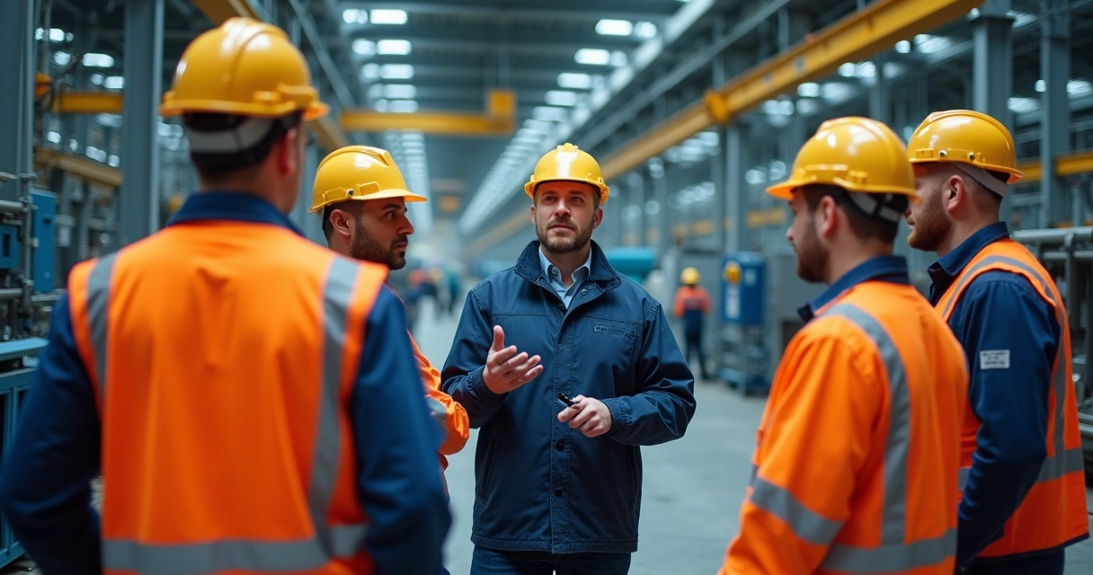 Gestor industrial liderando equipe em frente a máquinas sinalizadas, todos atentos e paramentados. 