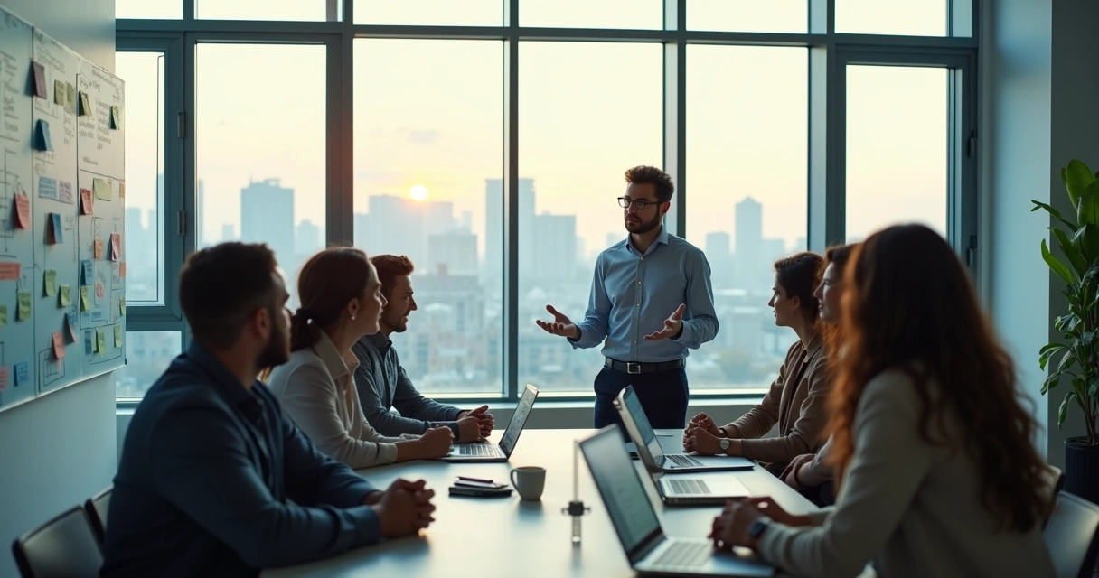 Profissional conduz reunião colaborativa com equipe em círculo 