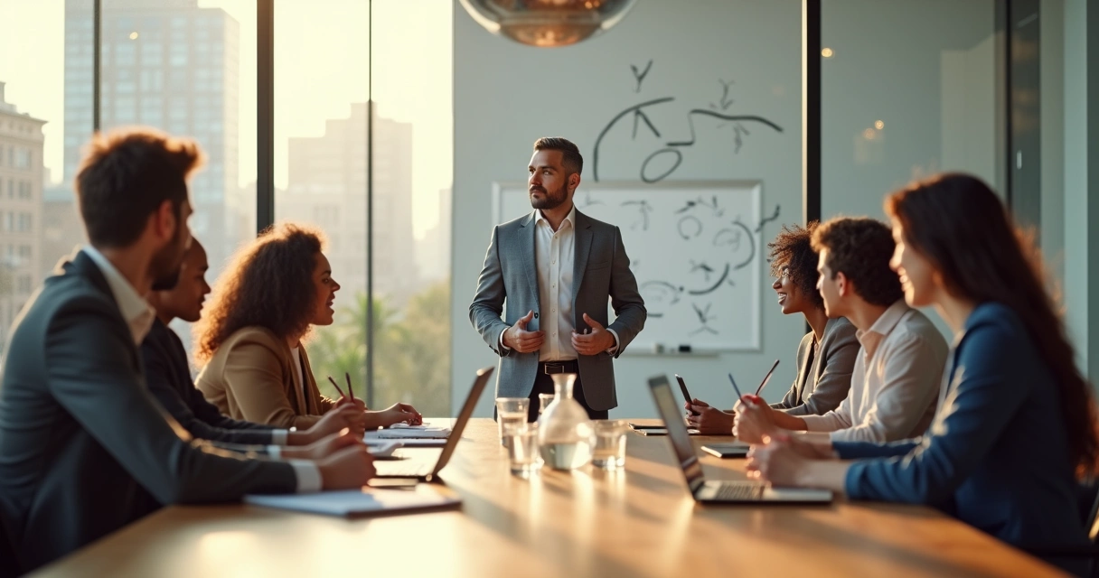 Líder sereno em sala de reunião harmoniosa com equipe atenta 