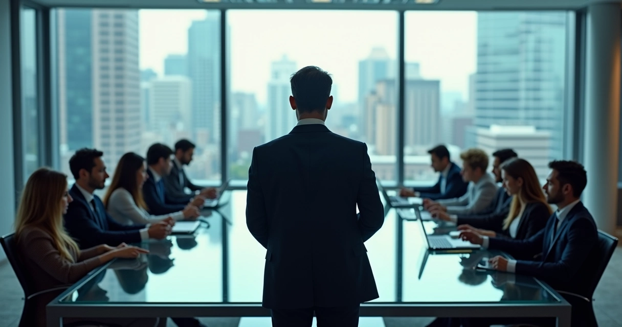 Líder em destaque cercado por equipe fragmentada e efeitos em cadeia 