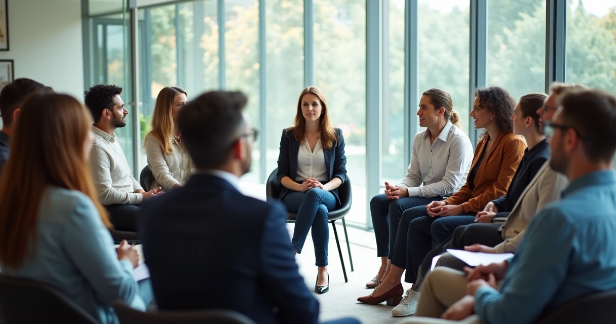 Grupo de pessoas diversas em círculo em sala de reunião moderna, dialogando 