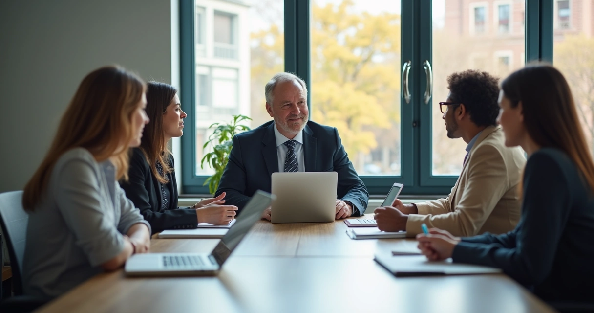 Líder e equipe em reunião tranquila e colaborativa 