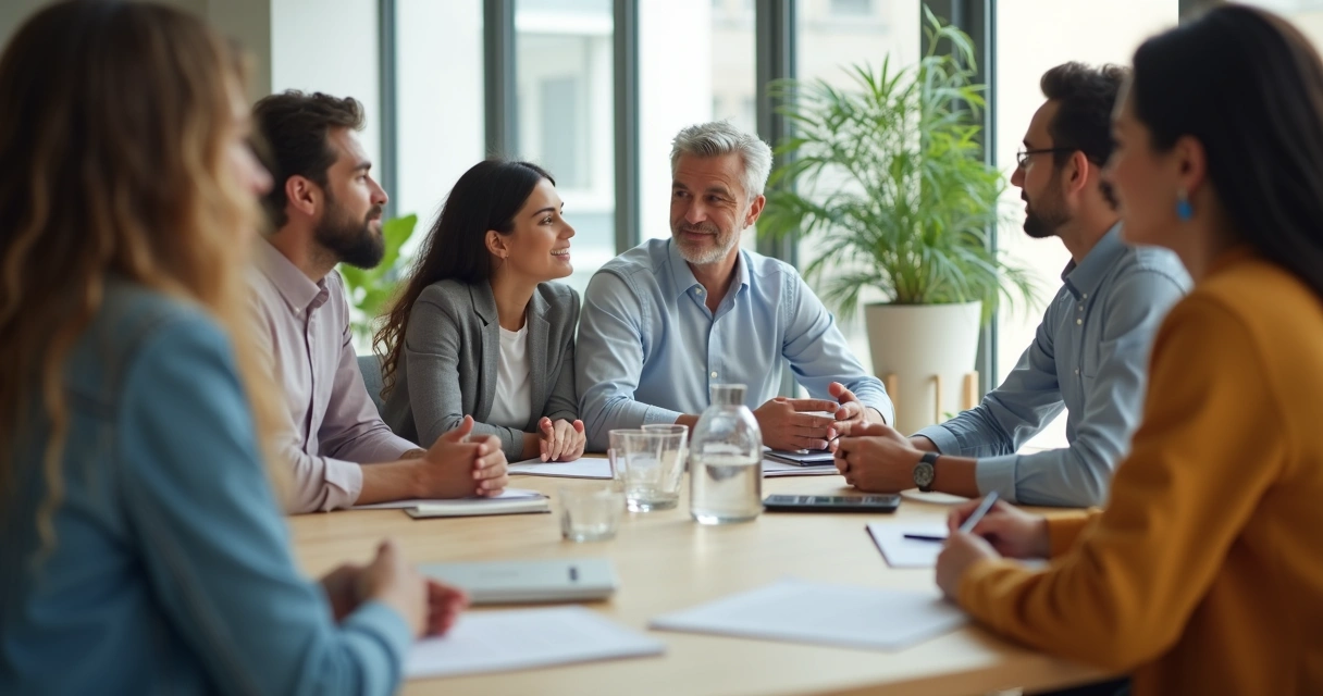 Líder em reunião escutando equipe em ambiente moderno e acolhedor 