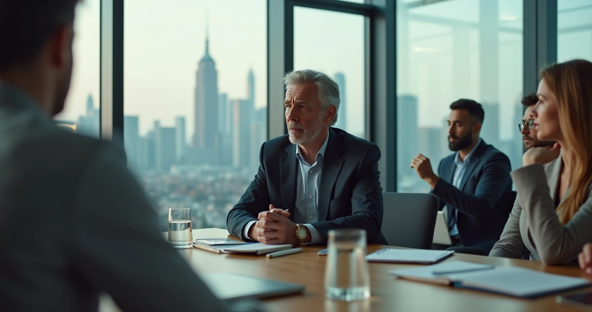 Líder em reunião segurando emoções enquanto observa equipe em silêncio 