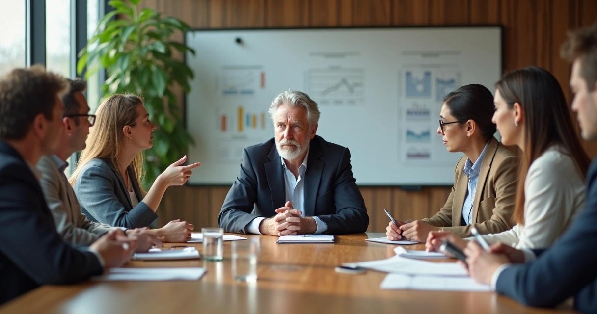 Líder em silêncio ouvindo equipe em reunião de decisão difícil 