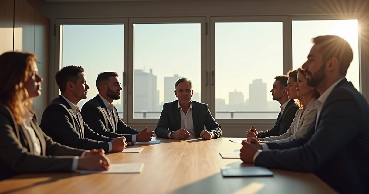 Grupo de líderes em sala de reunião silenciosa, contemplando em silêncio atento. 