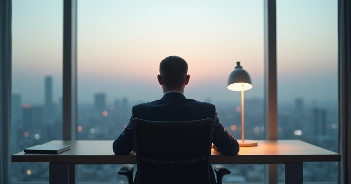 Líder sentado em silêncio diante da janela de um escritório moderno ao amanhecer 
