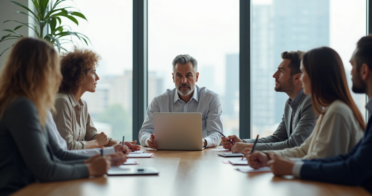 Líder em silêncio atento durante reunião de equipe 