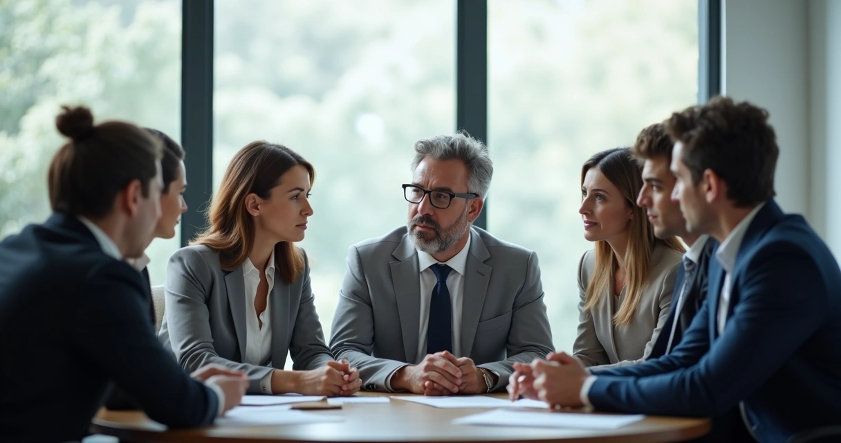 Equipe reunida em círculo silencioso, focada em um líder que escuta e observa atentos