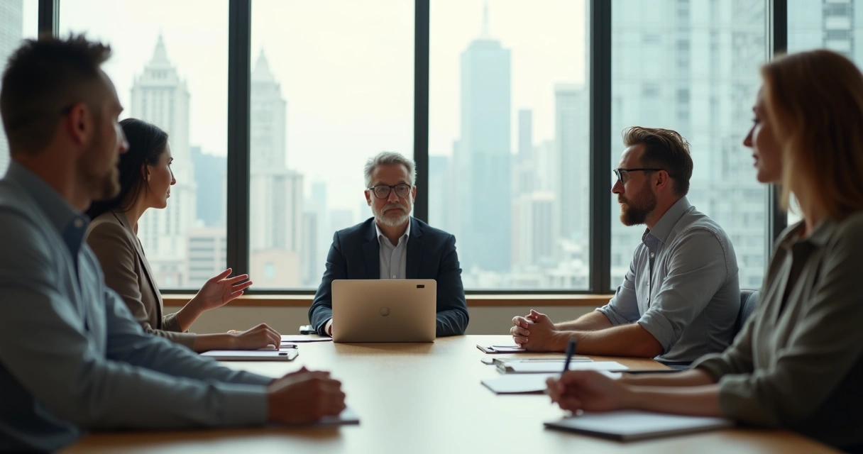 Líder em silêncio ouvindo equipe em reunião calma 