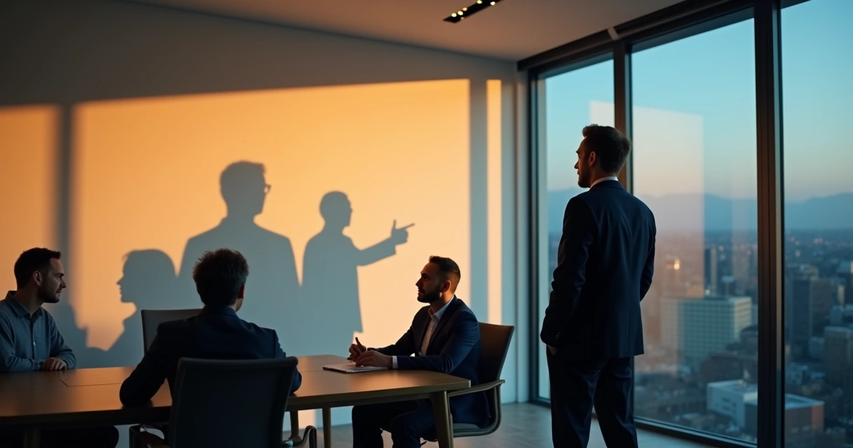 Líder em pé diante de equipe com sombras projetando intenções ocultas na parede 