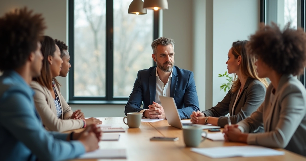 Líder observando sua equipe em reunião sem falar 