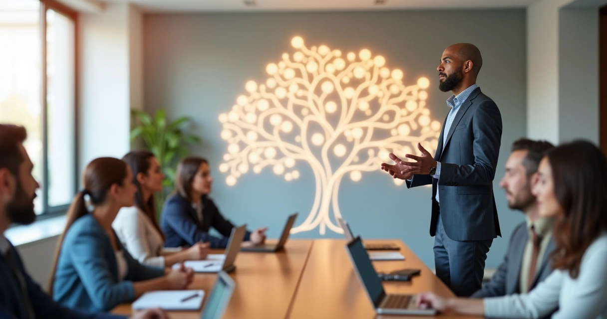 Líder em reunião conectado simbolicamente a árvore genealógica ao fundo 