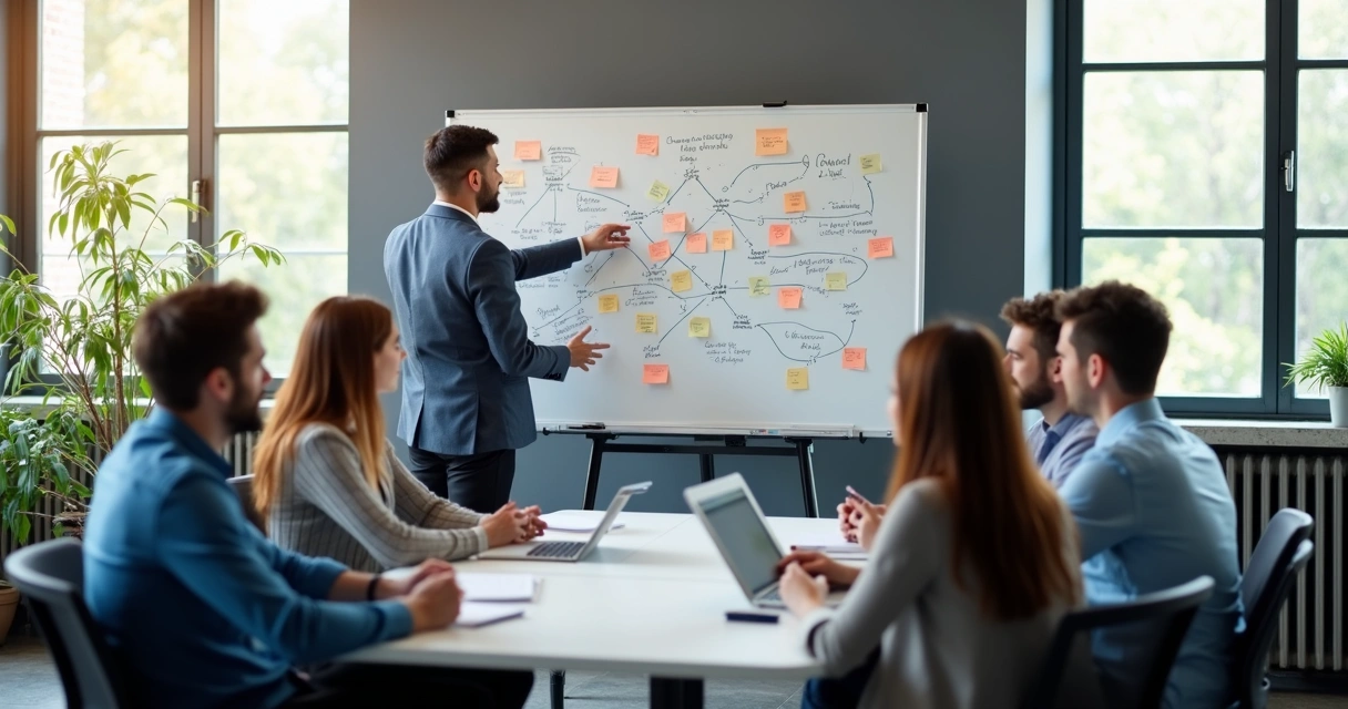 Líder questionando equipe com quadro branco ao fundo 