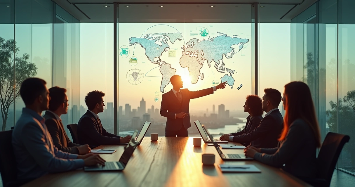 Líder em mesa redonda olhando mapa com conexões sistêmicas em tela digital 