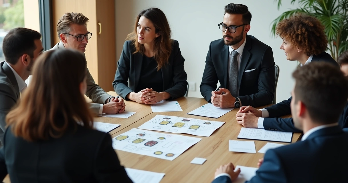 Facilitador guiando líderes em constelação sistêmica com cartões no chão. 