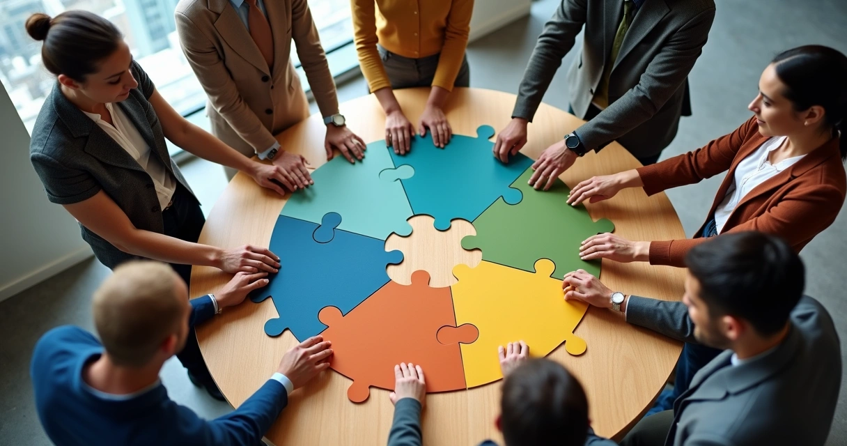Equipe em círculo vista de cima conectando peças de um quebra-cabeça gigante 