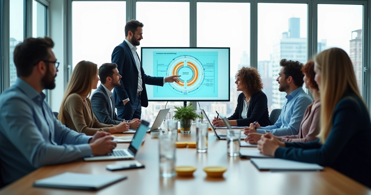 Líder facilitando reunião colaborativa com equipe em mesa redonda 
