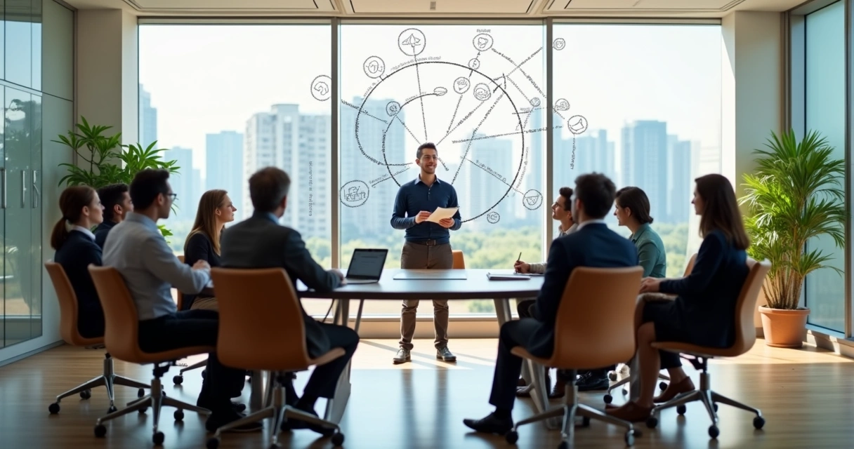 Líder facilitando reunião em círculo com equipe diversa em escritório moderno 