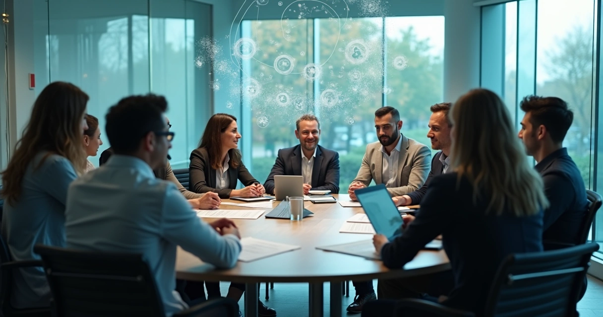Grupo de líderes em reunião em volta de mesa redonda 
